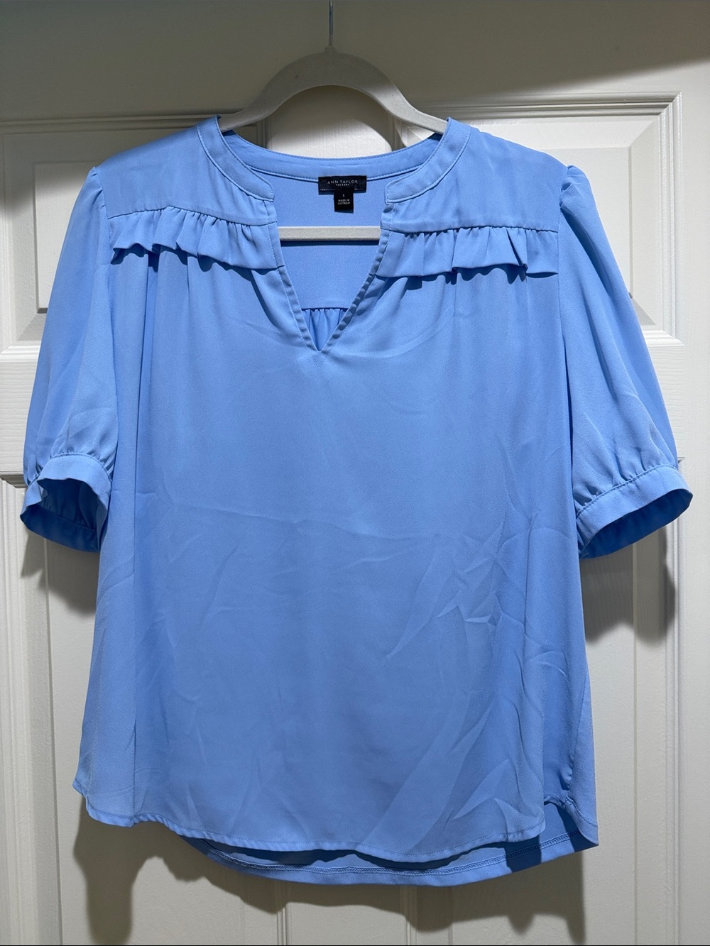 Ann Taylor Factory Sky Blue Ruffle Yoke V-Neck Blouse